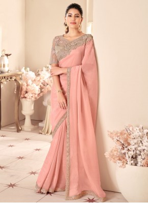 Opulent Peach Sequins Shimmer Georgette Contemporary Saree