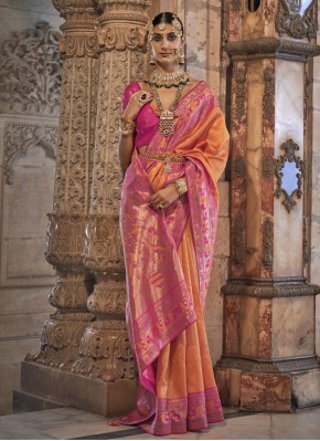 Orange and Pink Banarasi Silk Ceremonial Saree