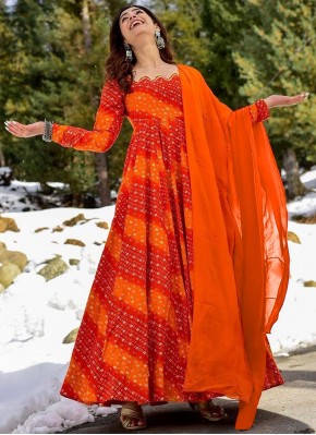 Orange and Red Digital Print Readymade Gown