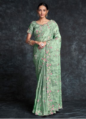 Organza Sea Green Embroidered Classic Saree