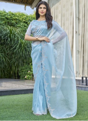 Organza Swarovski Classic Saree in Aqua Blue