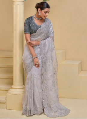 Orphic Embroidered Grey Contemporary Saree