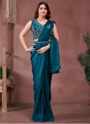 Outstanding Plain Teal Satin Trendy Saree