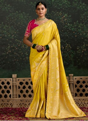 Outstanding Yellow Sequins pure-dola Traditional Saree