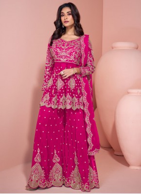 Palazzo Salwar Kameez Embroidered Pure Georgette in Rani