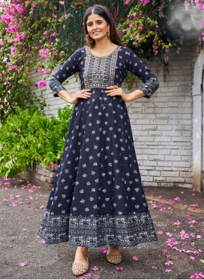 Paramount Navy Blue Print Trendy Gown