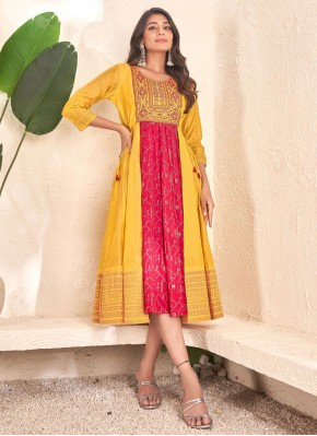 Party Wear Kurti Foil Print Cotton in Mustard and 