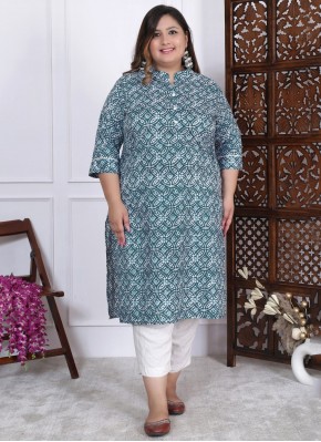 Party Wear Kurti Paisley Print Cotton in Blue