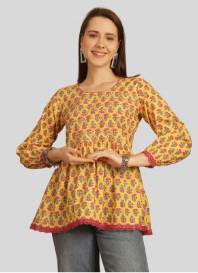 Party Wear Kurti Printed Cotton in Yellow