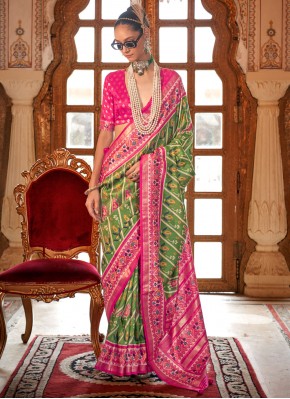 Patola Print Silk Trendy Saree in Green