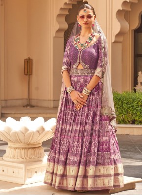 Patola Silk  Foil Print Readymade Gown in Purple