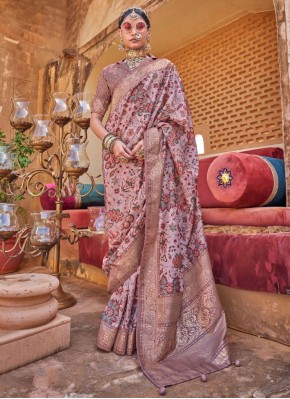 Peach and Pink Silk Weaving Contemporary Saree