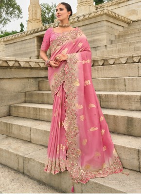 Peach Silk Embroidered Traditional Saree