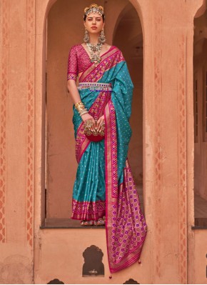 Peppy Blue and Turquoise Patola Print Printed Sare