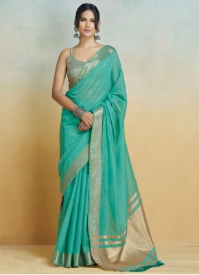 Perfect Weaving Turquoise Handloom silk Contemporary Saree