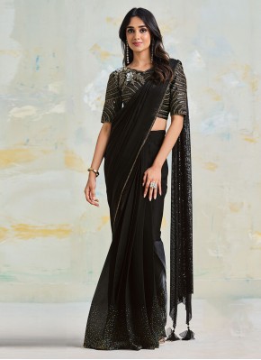 Phenomenal Satin Silk Swarovski Black Designer Sar