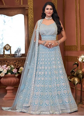 Picturesque Aqua Blue Sequins Net Readymade Lehenga Choli