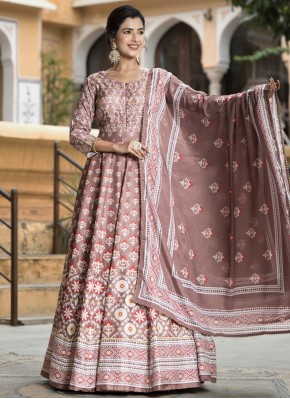 Picturesque Digital Print Brown Readymade Gown