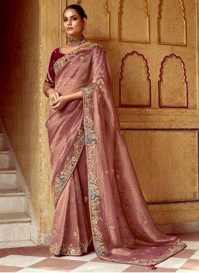 Pink and Rust Fancy Fabric Sequins Trendy Saree