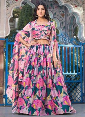 Pink and Teal Digital Print Georgette Readymade Lehenga Choli