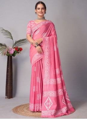 Pink Chanderi Cotton Printed Designer Saree