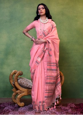 Pink Cotton Woven Trendy Saree