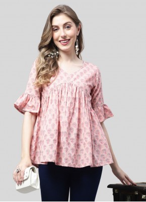 Pink Printed Cotton Casual Kurti