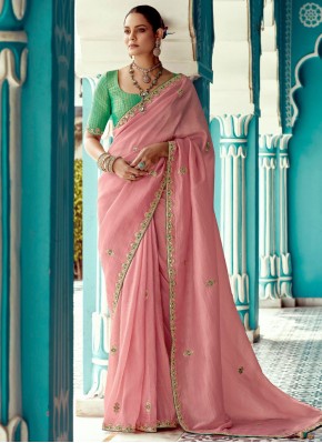 Pink Sangeet Glass Tissue Traditional Saree