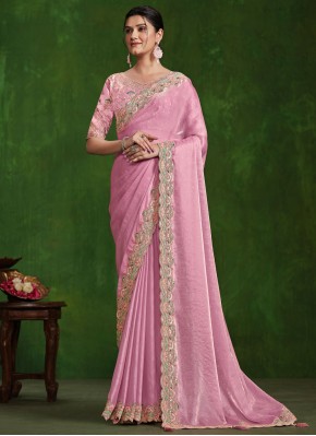 Pink Satin Silk Embroidered Traditional Saree