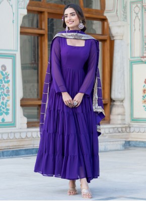 Plain Faux Georgette Gown  in Purple