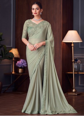 Pleasing Grey Embroidered Silk Designer Saree