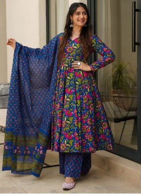 Pleasing Navy Blue Printed Readymade Salwar Kameez