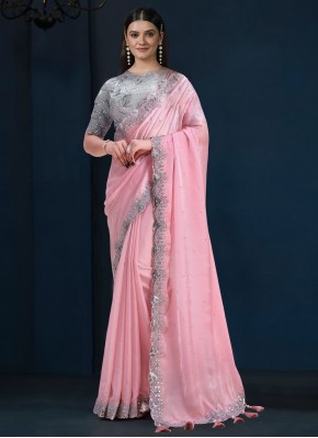 Pleasing Pink Sequins Satin Silk Trendy Saree