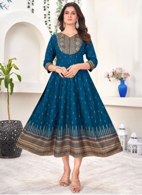 Pleasing Sequins Blue Rayon Casual Kurti