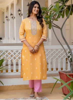 Pleasing Yellow Zari Silk Blend Party Wear Kurti