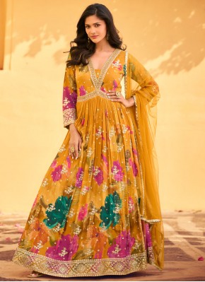 Praiseworthy Yellow Mehndi Floor Length Gown