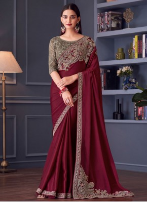 Prepossessing Embroidered Satin Silk Wine Classic Saree