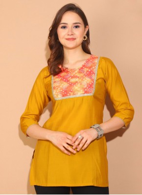 Prepossessing Silk Print Mustard Party Wear Kurti