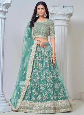 Prepossessing Turquoise Embroidered Designer Lehenga Choli