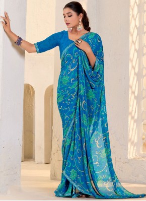 Pretty Georgette Blue Print Contemporary Saree