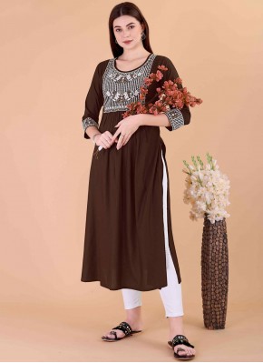 Prime Embroidered Brown Rayon Casual Kurti