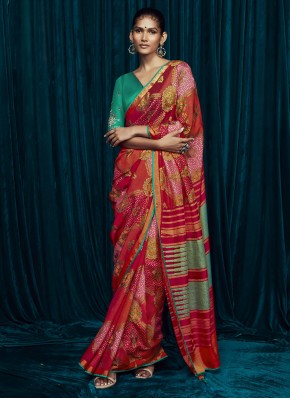 Print Brasso Trendy Saree in Maroon