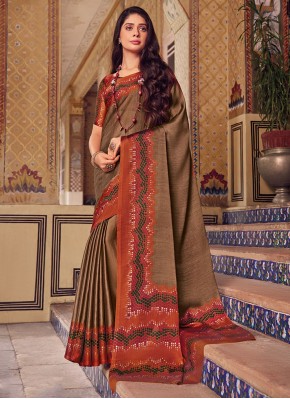 Print Chiffon Contemporary Saree in Brown