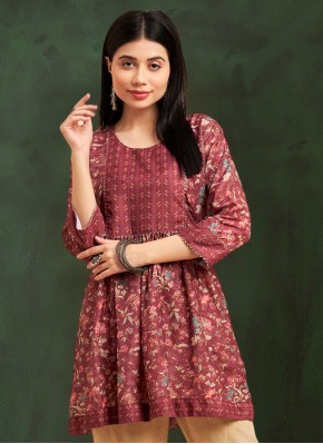 Print Chinon Party Wear Kurti in Crimson