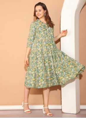 Print Cotton Party Wear Kurti in Green