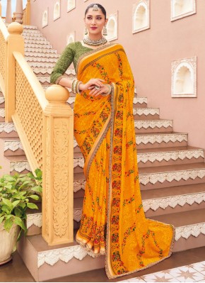 Print Georgette Designer Saree in Mustard