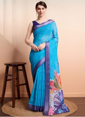 Print Linen Classic Saree in Blue