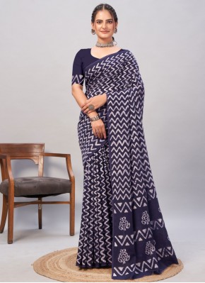 Printed Chanderi Cotton Classic Saree in Navy Blue