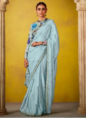 Pristine Aqua Blue Stone Trendy Saree