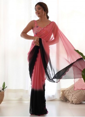 Prodigious Faux Georgette Cutwork Black and Pink Classic Saree